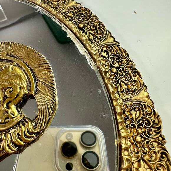 Vintage Goldtone Gold Mirror Greek Soldier Guilded Metal Frame Wall Hanging - Picture 3 of 7